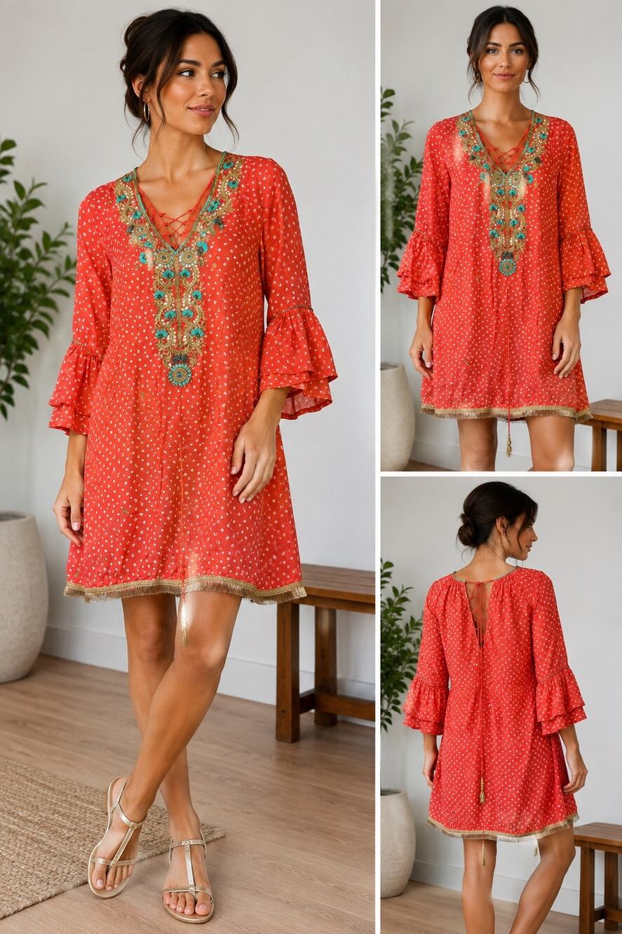 Coral Pink Embroidered Bandhani Style Tunic Dress Bell Sleeve Boho S/M